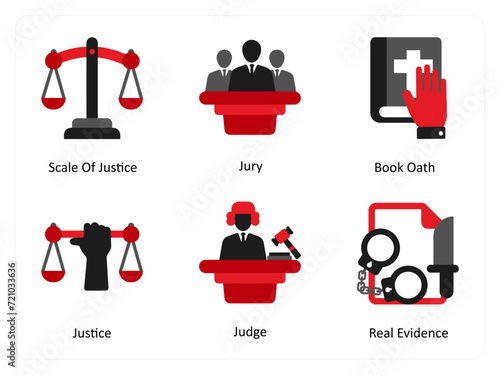 Six justice icons in red and black as scale of justice, jury, book oath