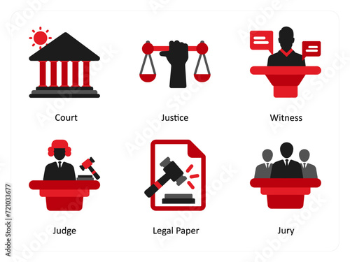 Six justice icons in red and black as court, justice, witness