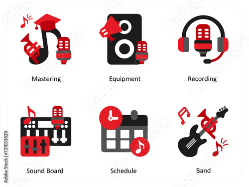 Six music icons in red and black as mastering, equipment, recording