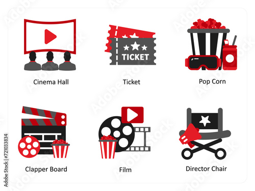 Six cinema icons in red and black as cinema hall, ticket, popcorn