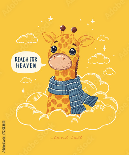 Cute cartoon giraffe with scarf and clouds. Vector illustration.