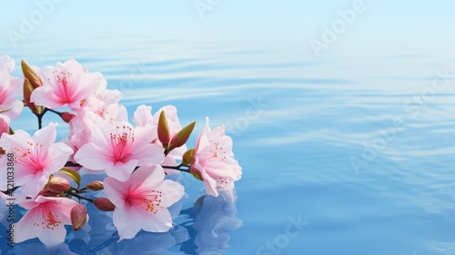 cherry blossom on blue water background with copy space for text Generative AI