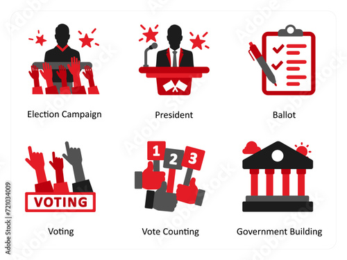 Six election icons in red and black as election campaign, president, ballot