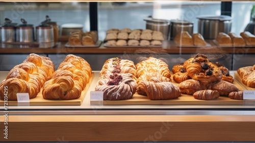 Freshly baked croissants on display in a bakery shop. Generative AI