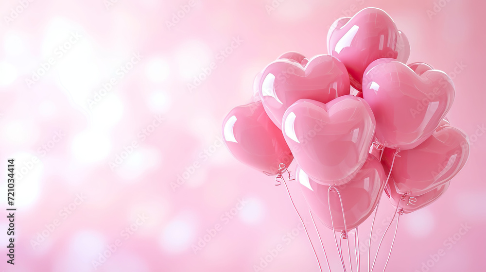 Pink heart-shaped balloons on a pink bokeh background.