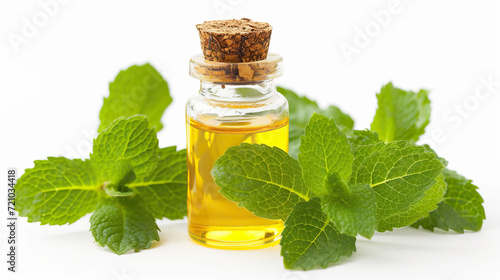 Mint essential oil in a small bottle with fresh mint leaves.