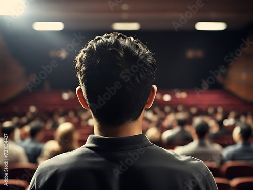 Back view of A speaker giving a business lecture to an audience in an auditorium, or hall. A seminar hall., hyper realistic, selective focus, focused