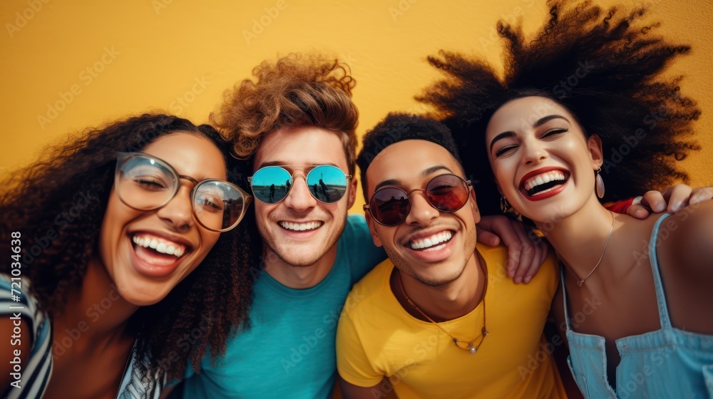Group of young people in sunglasses on yellow background. Group of friends having fun together. Generative AI