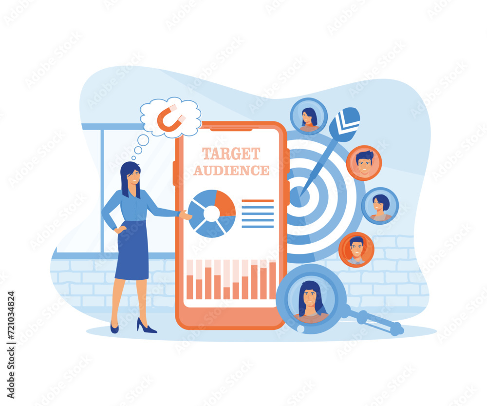 Tiny woman set up advertice on social networks in smart phone app. flat vector modern illustration Tiny woman set up advertice on social networks in smart phone app. flat vector modern illustration
