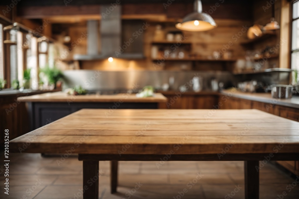 Empty Wooden Table Surface, blurred kitchen interior background.