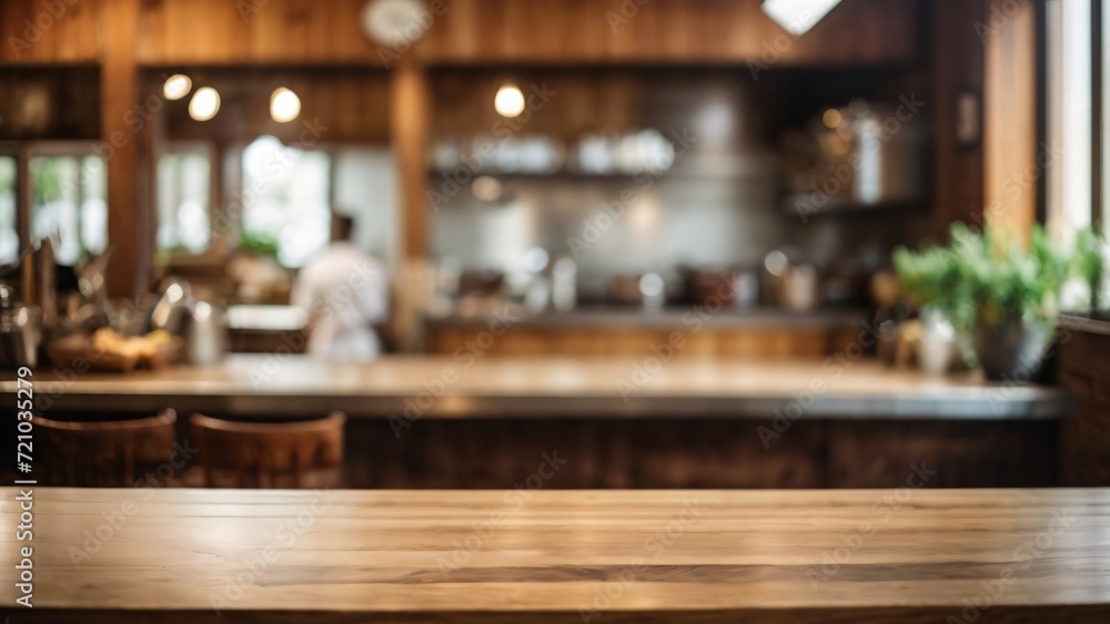 Empty Wooden Table Surface, blurred kitchen interior background.