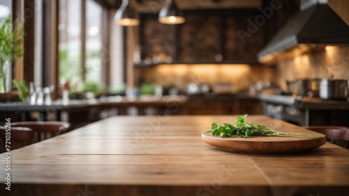 Empty Wooden Table Surface, blurred kitchen interior background.