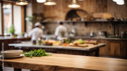 Empty Wooden Table Surface, blurred kitchen interior background.