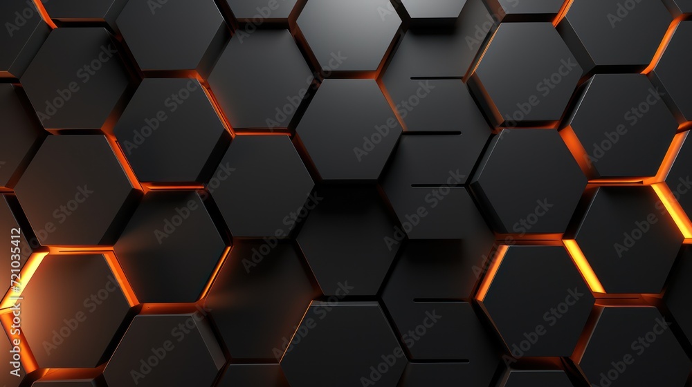 Abstract 3d rendering of black hexagon background with orange glowing lights. Generative AI - obrazy, fototapety, plakaty 