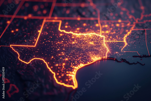 US Texas state highlighted on the abstract 3d map of USA. In style of night aerospace photography