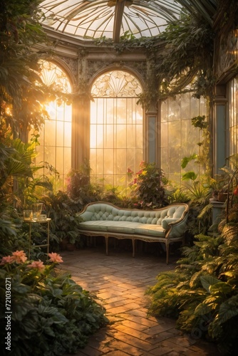 A beautifully overgrown secret garden surrounded by vibrant rainforest plants creates a breathtaking scene.