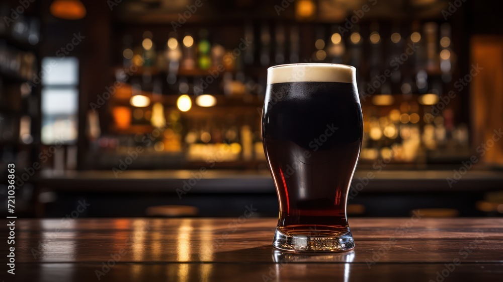 Glass of dark beer on a bar counter in a pub or restaurant Generative AI