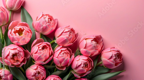 pink tulips on a pink background  top view  copy text   women s day and mother s day 