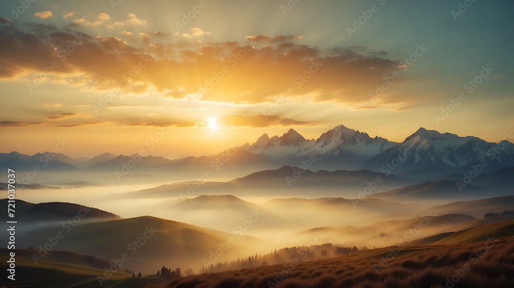 Obraz premium image of golden sunrise illuminating the misty mountains. The soft gradients and ethereal atmosphere can inspire breathtaking digital art pieces