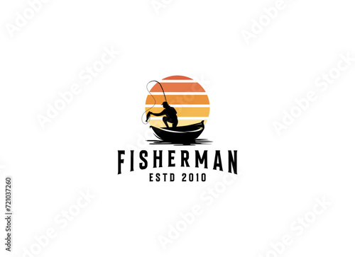 Fisherman in boat logo design. Vintage fishing logo design