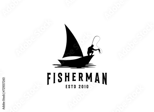 Fisherman in boat logo design. Vintage fishing logo design