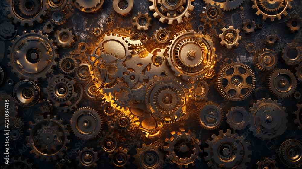 A seamless pattern of interlocking golden gears forming a heart shape. Generative ai. A seamless pattern of interlocking golden gears forming a heart shape. Generative ai.