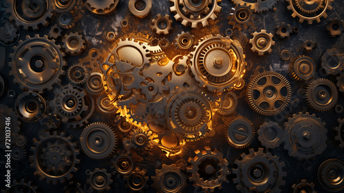 A seamless pattern of interlocking golden gears forming a heart shape. Generative ai.