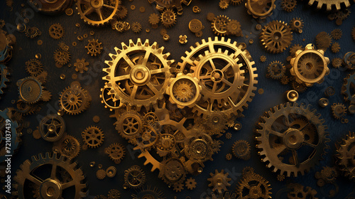 A seamless pattern of interlocking golden gears forming a heart shape. Generative ai.