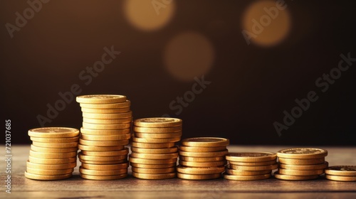 Stacks of gold coins on wooden table and bokeh background. Generative AI