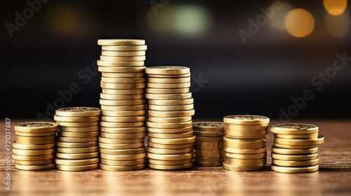 Golden coins stacks on wooden table with bokeh background, business and finance concept idea. Generative AI