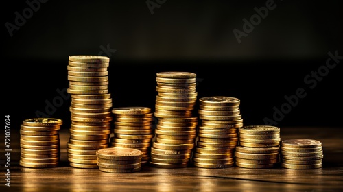Stacks of golden coins on wooden table and black background. Business concept. Generative AI