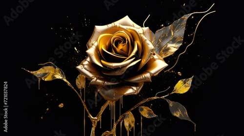 Golden rose on black background. 3d rendering, 3d illustration. Generative AI