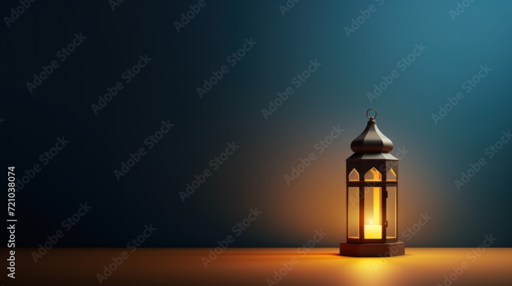 Arabic lantern on a dark background. Ramadan Kareem greeting card. Generative AI