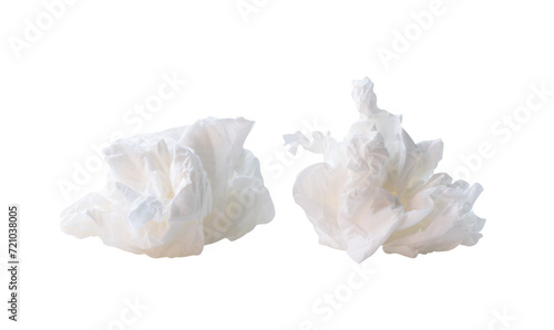 Front view of white screwed or crumpled tissue paper or napkin in set in strange shape after use in toilet or restroom isolated with clipping path in png file format photo