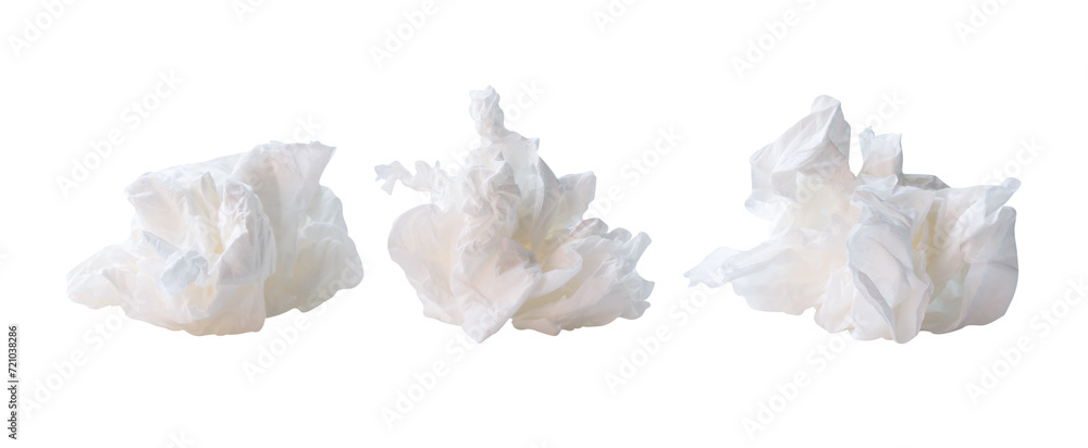 Front view of white screwed or crumpled tissue paper or napkin in set and strange shape after use in toilet or restroom isolated on white background with clipping path Front view of white screwed or crumpled tissue paper or napkin in set and strange shape after use in toilet or restroom isolated on white background with clipping path