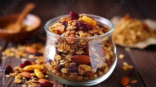 homemade granola with dried fruits and nuts in a glass jar Generative AI photo
