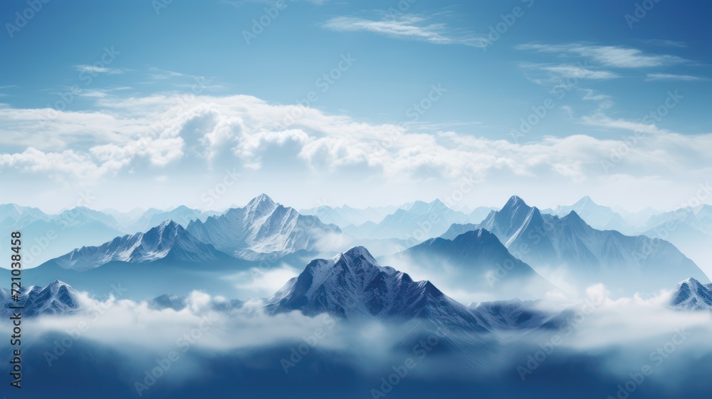 Beautiful mountain landscape with clouds and blue sky. illustration. Generative AI