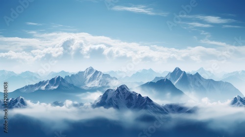 Beautiful mountain landscape with clouds and blue sky. illustration. Generative AI © Alex