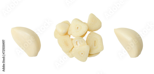 Top view set of garlic clove and slices or pieces isolated on white background with clipping path
