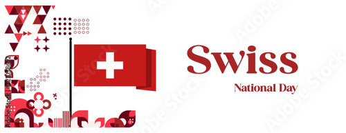 Swiss National Day banner in colorful modern geometric style. National Independence Day greeting card cover with typography. Illustration banner for Switzerland national holiday celebration party