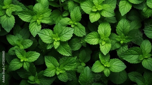 Green mint leaves background  top view. Fresh mint leaves texture. Generative AI