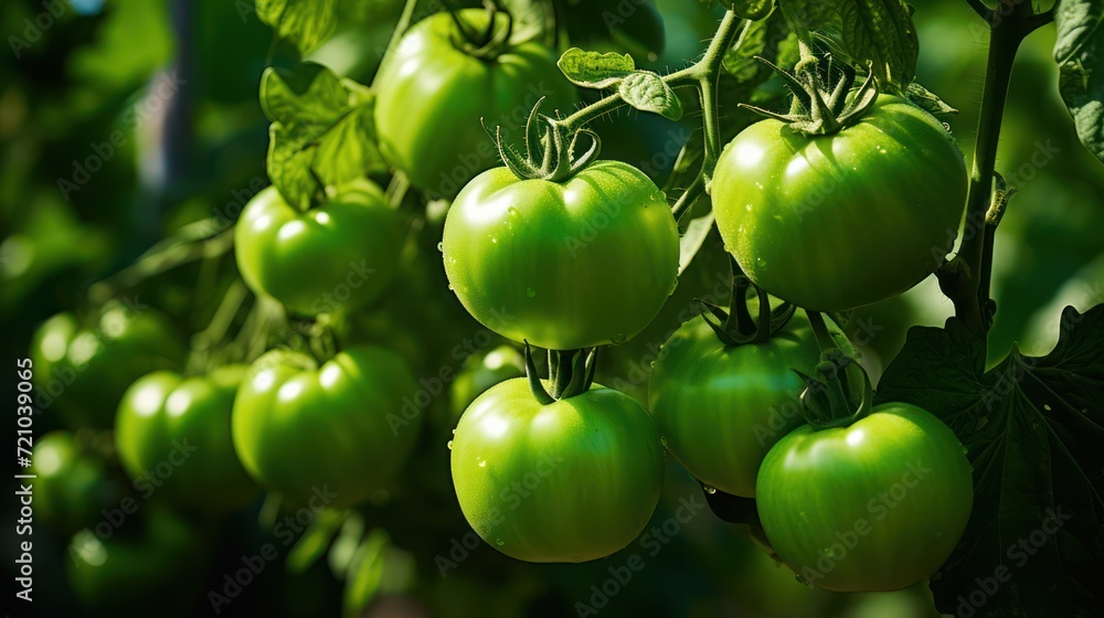 Green tomatoes growing in a greenhouse. Ripe green tomatoes in a greenhouse. Generative AI - obrazy, fototapety, plakaty 