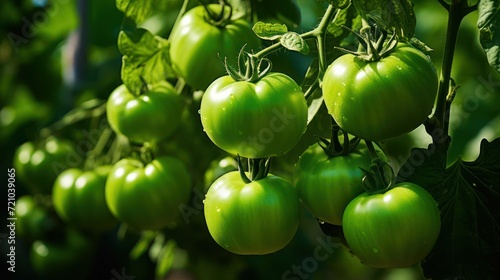 Green tomatoes growing in a greenhouse. Ripe green tomatoes in a greenhouse. Generative AI photo