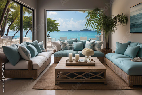 Dive into the coastal charm of a modern living room in a seaside house, featuring fabric sofas adorned with vibrant turquoise pillows.  © Usman