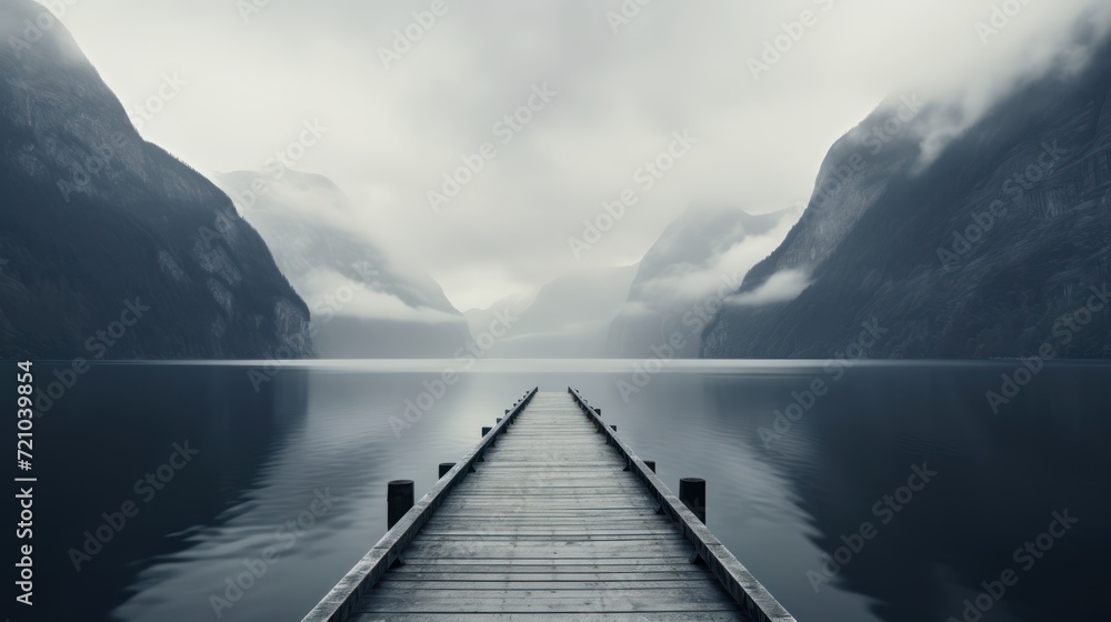 Wooden pier in a misty lake, 3d render. Generative AI