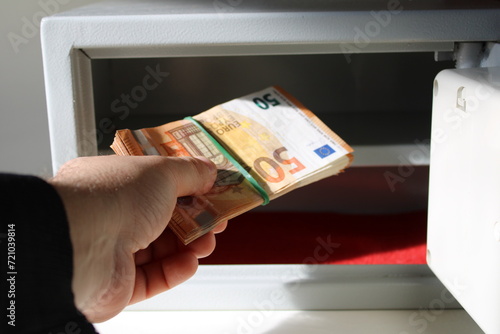 A man holds a stack of fifty euro notes in his hand and puts it in the safe deposit box. The concept of safe storage of funds.