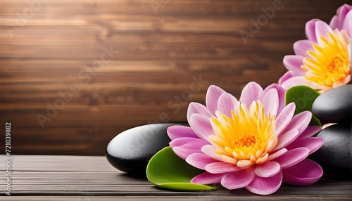 Natural alternative therapy.  Spa treatment kit with massage stones and pink waterlily on woody background 