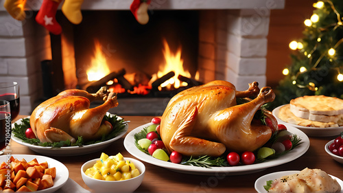 Turkey for thanksgiving  family meal  roasted chicken  sharing a meal  fireplace  homemade family dish  grilled poultry  christmas meal  lunch  food. ai