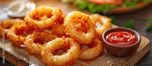 Deep-fried onion rings with ketchup on a wooden board, close-up.