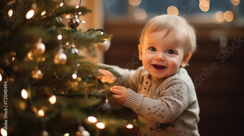 Adorable baby girl decorating Christmas tree at home. Merry Christmas and Happy New Year! Generative AI